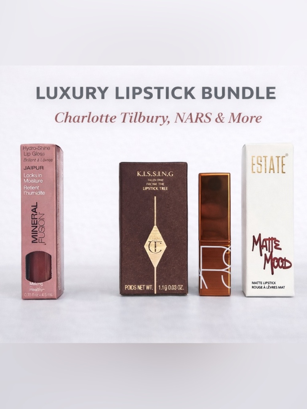 Lipstick Lipgloss Bundle Charlotte Tilbury NARS, Mineral Fusion, Estate Matte